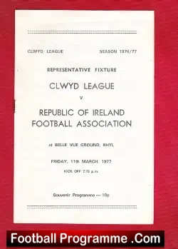 Clwyd League v Republic Ireland FA 1977 - at Belle Vue Rhyl - football programme