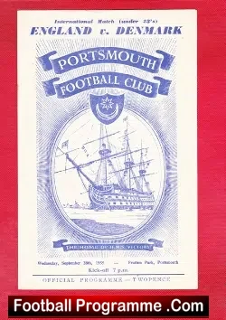 England v Denmark 1955 - U23 at Portsmouth + Haynes Fulham - football programme
