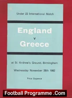 England v Greece 1962 – U23 at St Andrews Birmingham