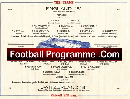 England v Switzerland 1950 – at Sheffield Wednesday