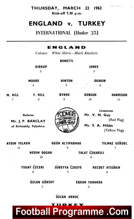England v Turkey 1962 – U23 at Southampton + Bobby Moore
