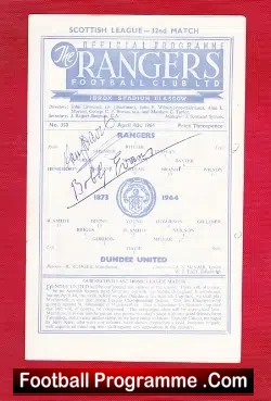 Glasgow Rangers v Dundee United 1964 - Autographed SIGNED - football programme