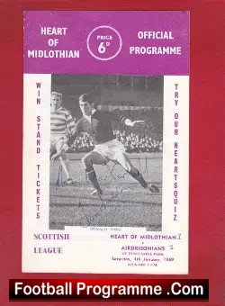 Heart Of Midlothian v Airdrieonians Airdrie 1969 - Autographs - football programme