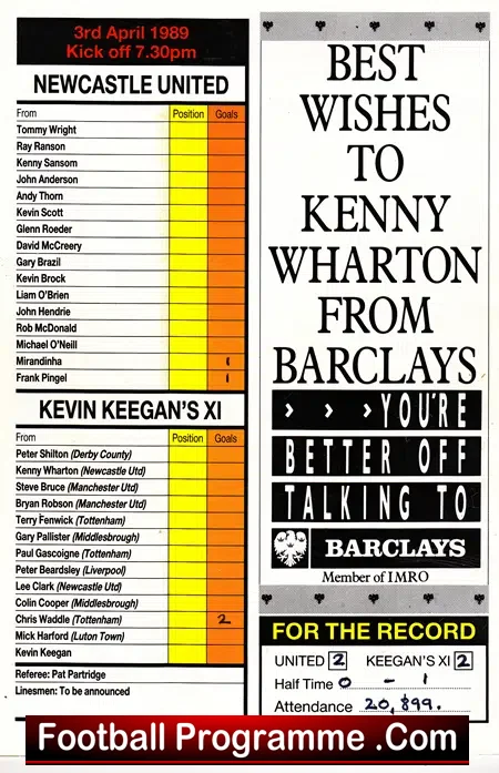Kenny Wharton Testimonial Benefit Newcastle United 1989 + Gazza