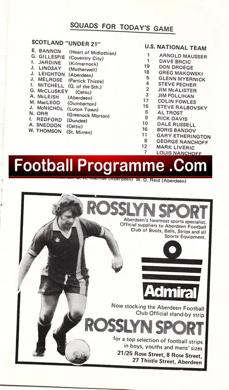 Scotland v America 1978 – Under 21 Game at Aberdeen