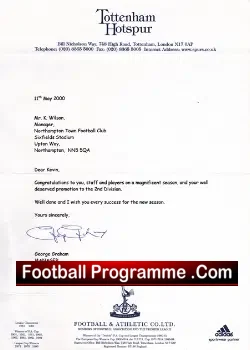 Tottenham Hotspur Official Letter Manager George Graham 2000