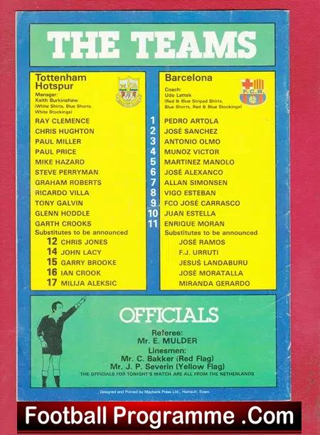 Tottenham Hotspur v Barcelona 1982 – ECWC – Barca