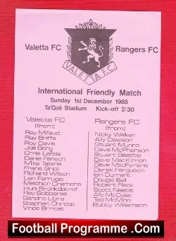 Valetta v Glasgow Rangers 1985 - Malta - football programme