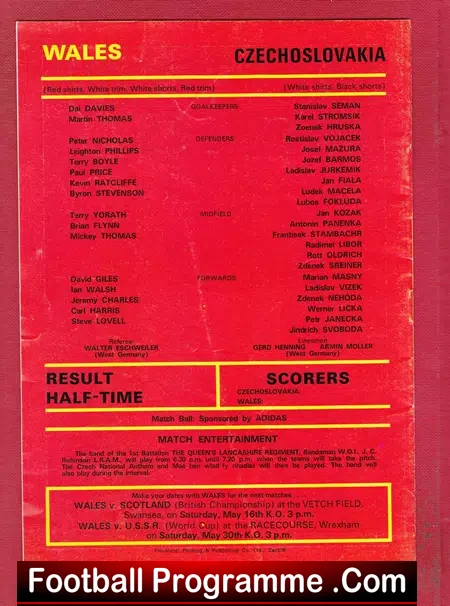 Wales v Czechoslovakia 1980