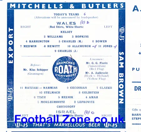Wales v Israel 1958 – at Cardiff – Jewish Team