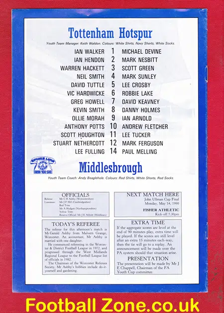 Tottenham Hotspur v Middlesbrough 1990 – Youth Cup Final Match
