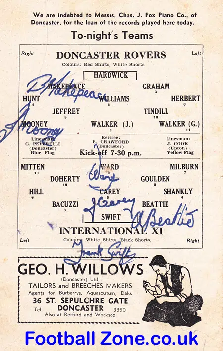 Doncaster Rovers v International X1 1954 – Multi Autographed