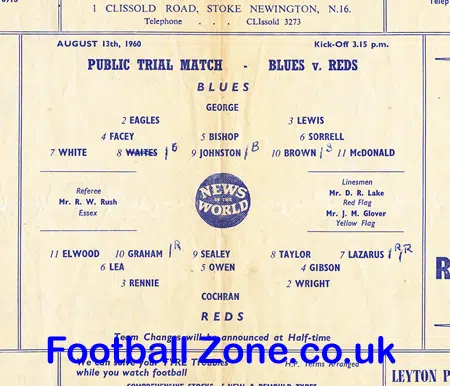 Leyton Orient Blues v Reds 1960 – Public Trial Match