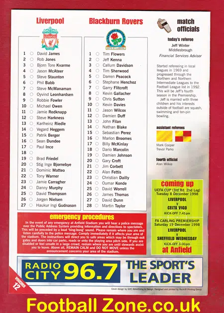 Liverpool v Blackburn Rovers 1998 Debut Steven Gerrard 1st Match