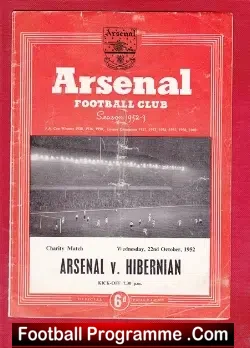 Arsenal v Hibernian Hibs 1952 - Friendly Charity Match - football programme