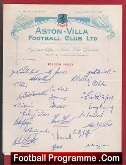 Aston Villa Official Autograph Sheet 1950 – 1951
