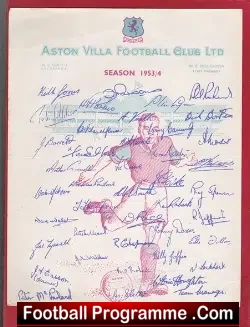 Aston Villa Official Autograph Sheet 1953 – 1954