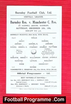 Barnsley v Manchester City 1954 - Reserves Match Single Sheet - football programme