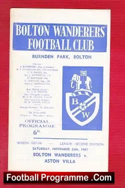 Bolton Wanderers v Aston Villa 1967 - football programme