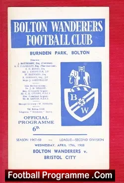 Bolton Wanderers v Bristol City 1968 - football programme