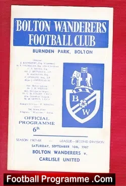 Bolton Wanderers v Carlisle United 1967 - football programme