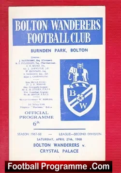 Bolton Wanderers v Crystal Palace 1968 - football programme
