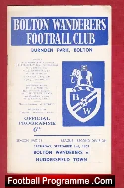 Bolton Wanderers v Huddersfield Town 1967 - football programme