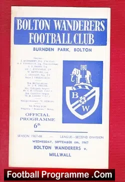 Bolton Wanderers v Millwall 1967 - football programme