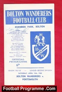 Bolton Wanderers v Portsmouth 1968 - Signed - football programme