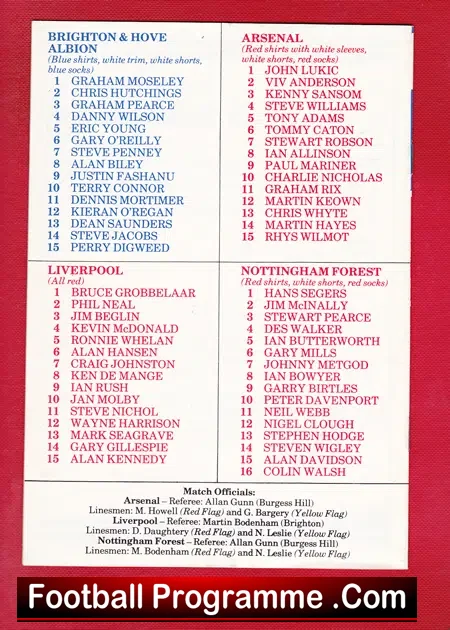 Brighton Hove Albion v Liverpool 1985 – Warm Up Arsenal + Forest