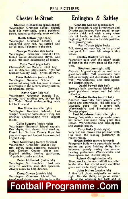 Chester Le Street v Erdington Saltley 1964 – Schoolboys Football