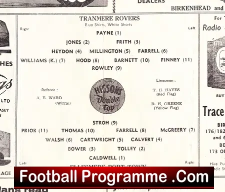 Derek Jones Testimonial Benefit Match Tranmere Rovers 1960