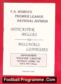 Doncaster Belles Ladies v Millwall 1996 - Womens Football Armthorpe - football programme