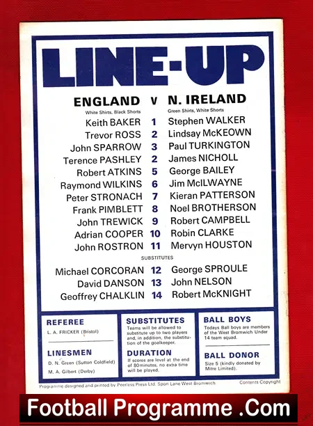 England v Northern Ireland 1972 – Schools at WBA Hawthorns