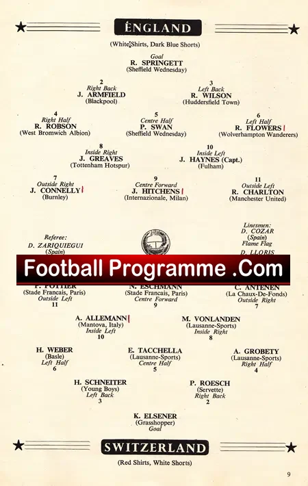 England v Switzerland 1962 – Signed Bobby Robson + Others