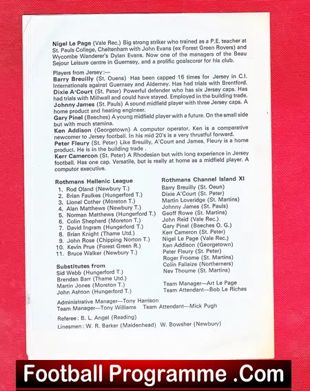 Hellenic League v Channel Island XI 1977
