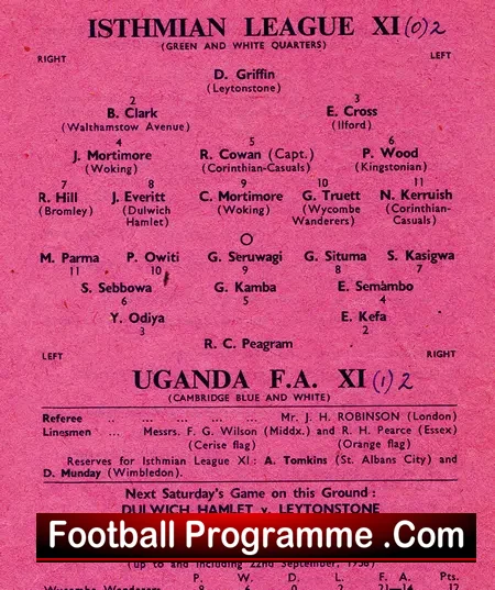 Isthmian League v Uganda FA 1956 – Representative at Dulwich