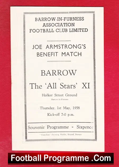 Joe Armstrong Testimonial Benefit Barrow 1958 - Inc Bill Shankly - football programme