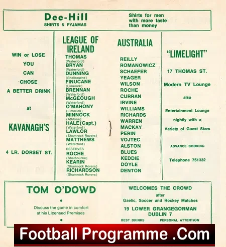 League Of Ireland v Australia 1970 – at Dalymount Park