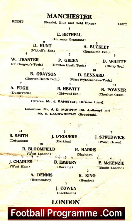 Manchester Boys v London Boys 1959 at Maine Road Manchester City