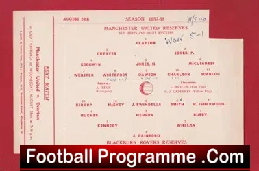 Manchester United v Blackburn Rovers 1957 Reserve Bobby Charlton