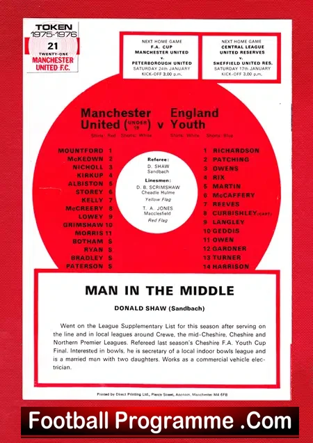 Manchester United v England 1976 – Youth Team U19 Friendly
