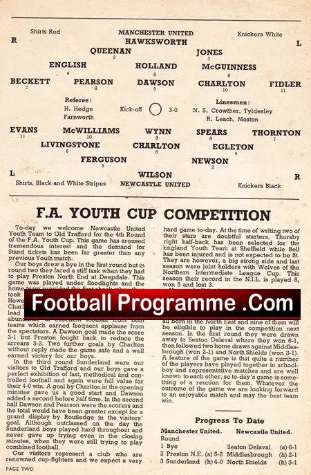Manchester United v Newcastle United 1956 – Youth Bobby Charlton