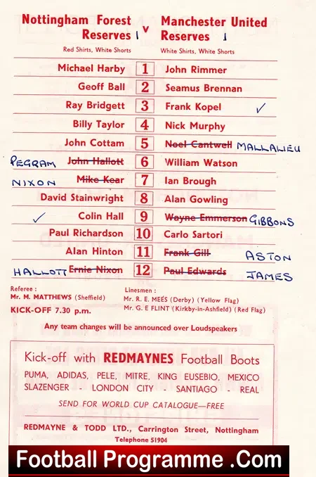 Nottingham Forest v Manchester United 1967 – Reserves Game