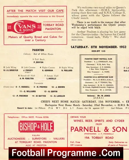 Paignton Rugby v HMS Implacable 1952 – Royal Navy