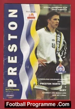 Preston North End v Bury 1995 - David Beckham + Moyes - football programme
