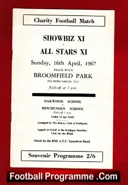 Showbiz X1 v All Stars X1 1967 - at Broomfield Park. - football programme