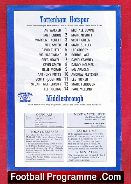 Tottenham Hotspur v Middlesbrough 1990 – Youth Cup Final Match