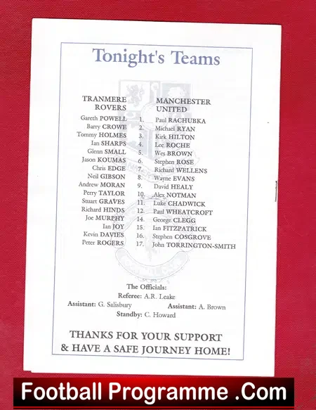 Tranmere Rovers v Manchester United 1998 – Youth Cup Semi Final