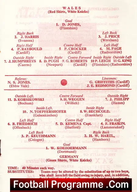 Wales v Germany 1962 – Schools International at Cardiff